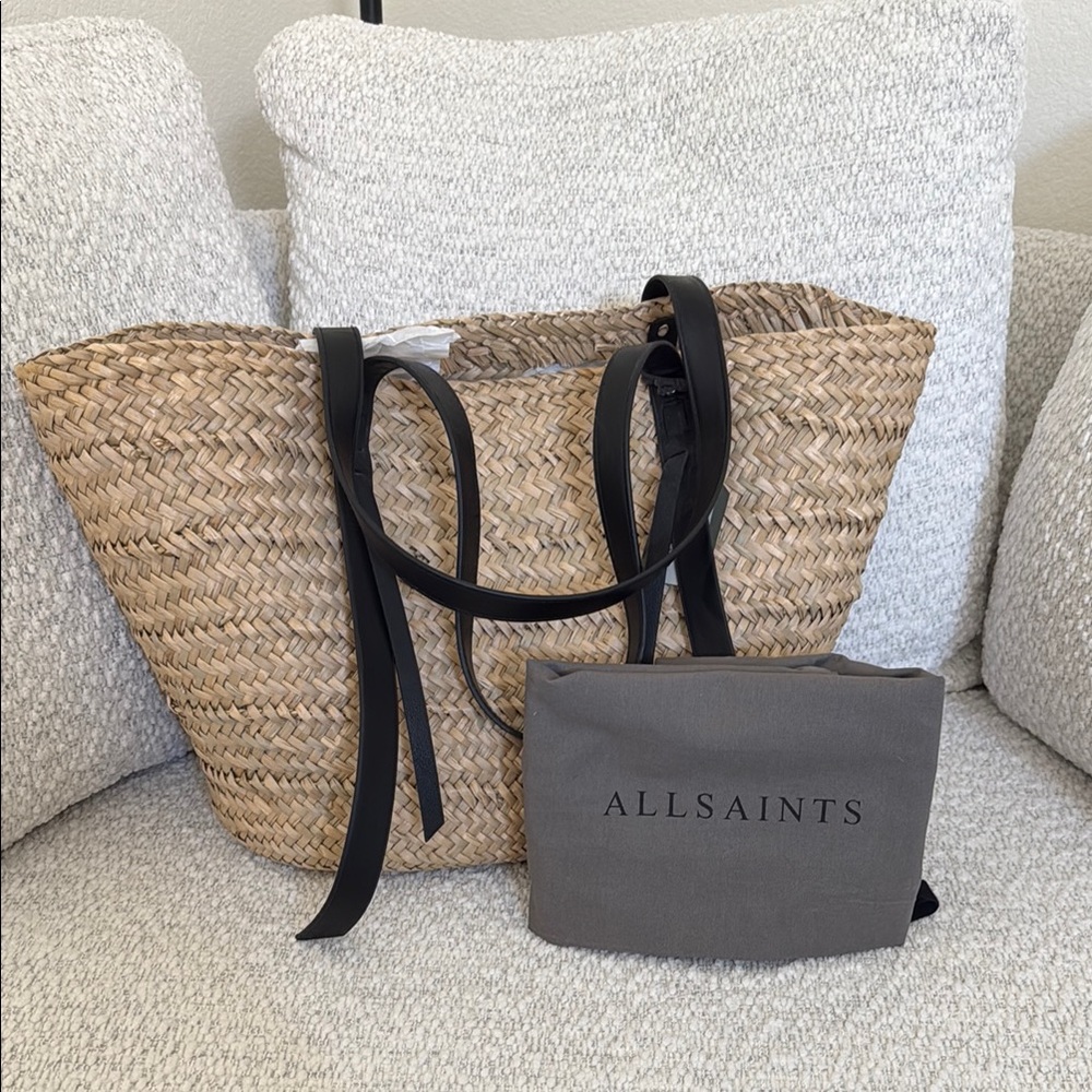 All Saints Black and Tan Tote Bag with Woven Design